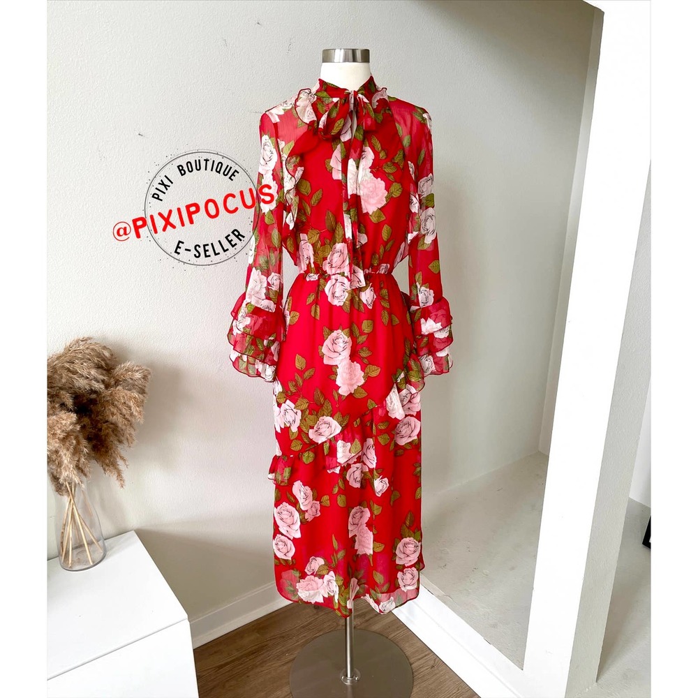 ZARA FLOWY RUFFLE TRIM LONG DRESS WITH TIE ROSE PRINT RED - Picture 6 of 16